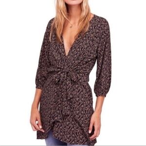 Free People Clara Long Sleeve Tie Front Floral Mini Dress Size Small